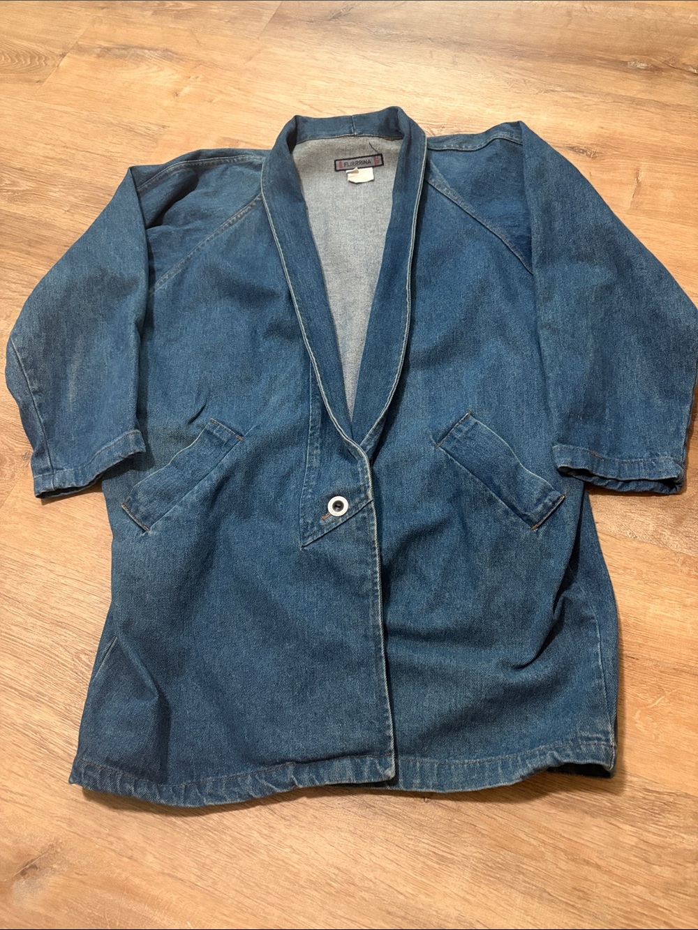 Vintage 80’s BEBE FURRRINA Denim Jacket 1 Snap Dolman Sleeve Duster Medium